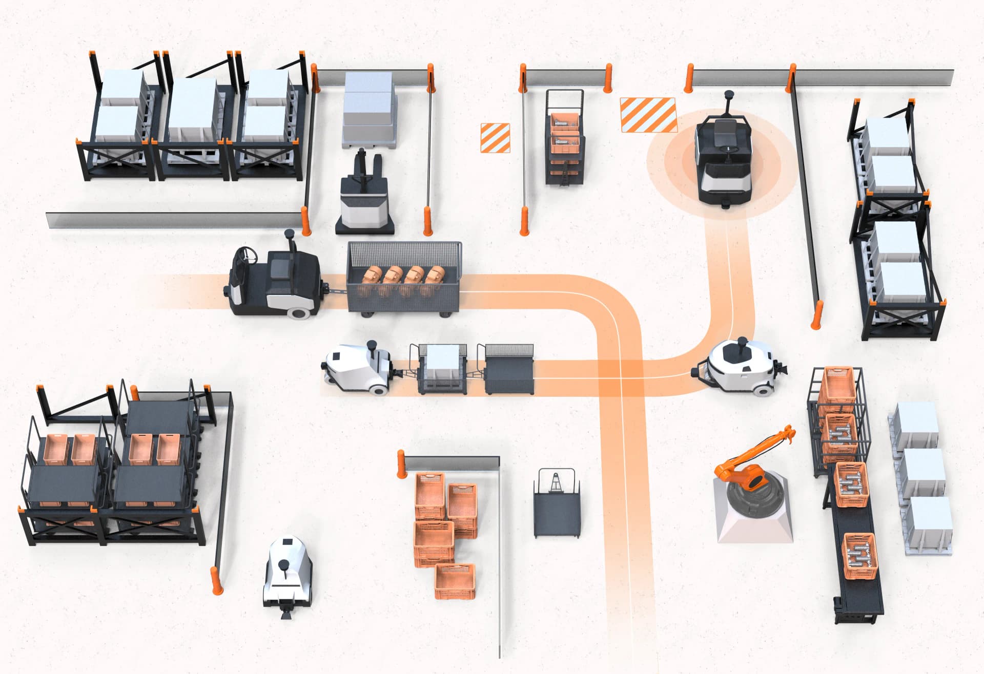 Automated warehouse floor with autonomous vehicles moving racks and containers