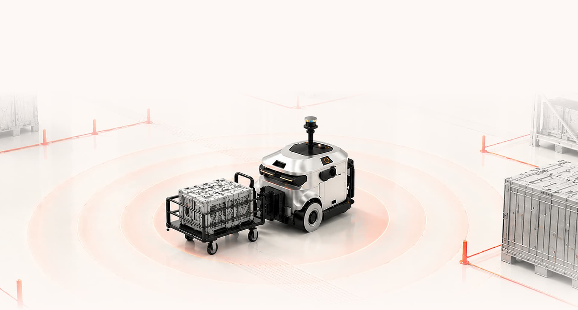 Virya autonomous mobile robot pulling a cart of goods in a warehouse