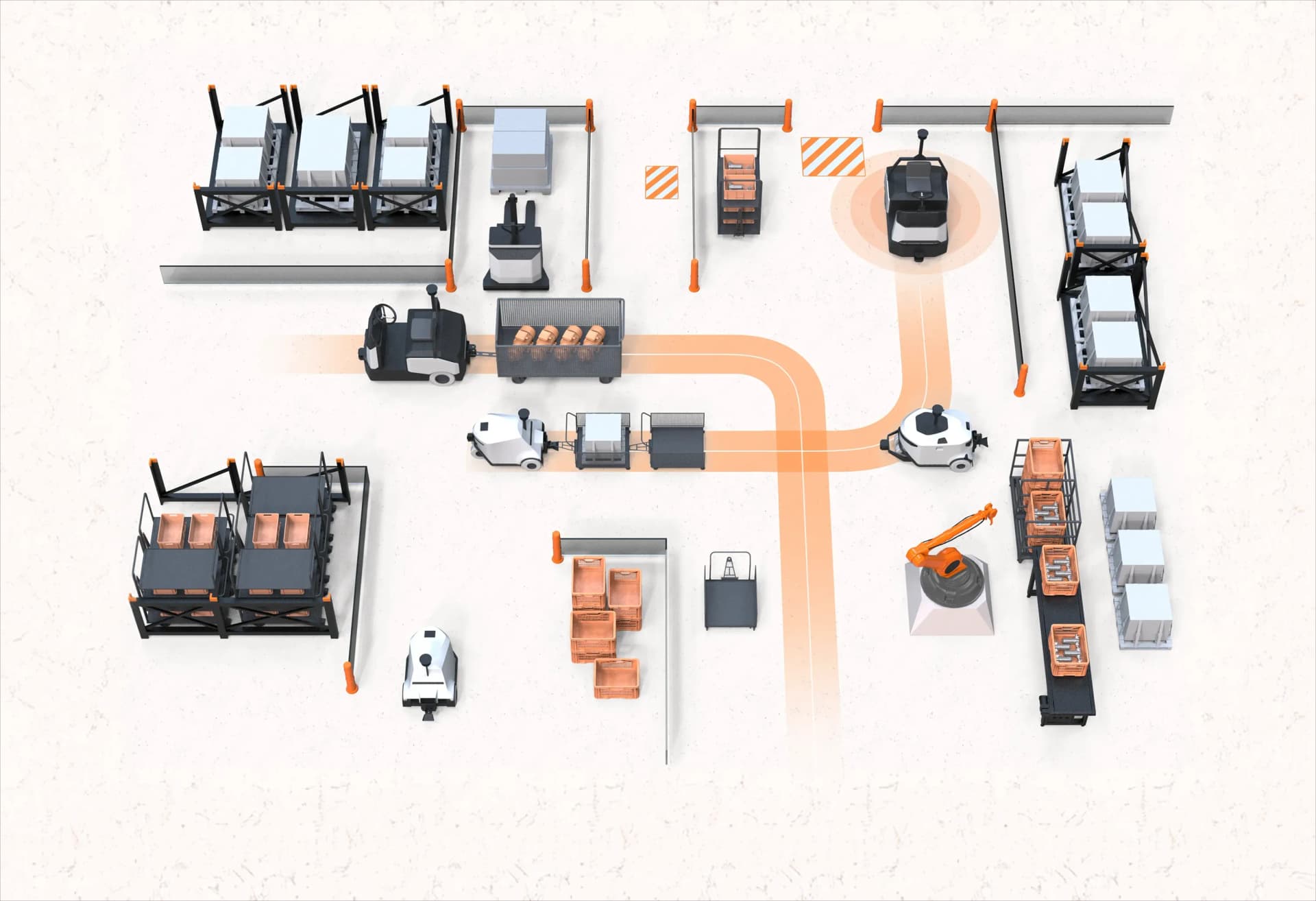 Automated warehouse floor with autonomous vehicles moving racks and containers