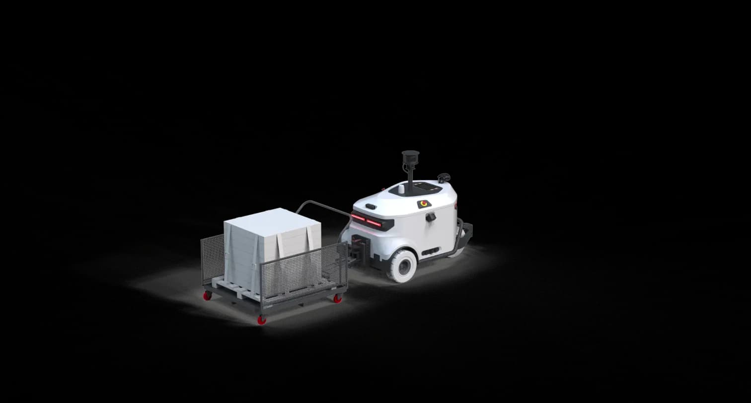 Virya autonomous mobile robot pulling a cart of goods in a warehouse
